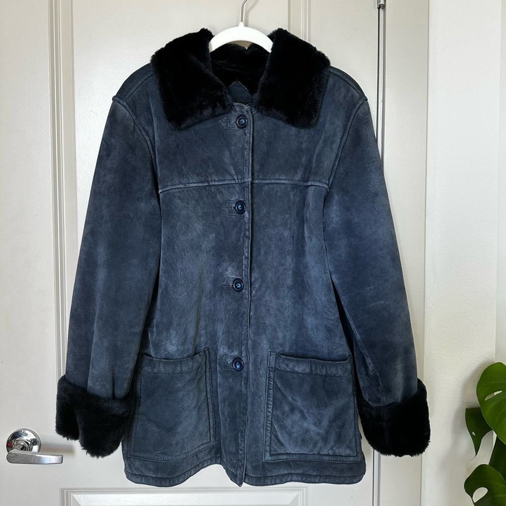 Penny Lane Vintage Suede Leather Faux Fur Oversized ButtonUp Jacket Dennis Basso - Picture 3 of 10